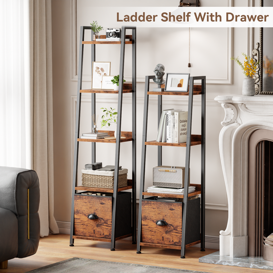 Furologee 4 Tier Narrow Ladder Shelf, Ladder Bookshelf with Drawer