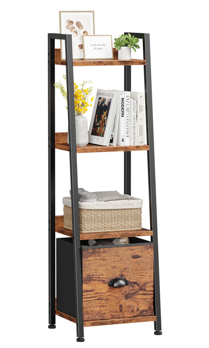 Furologee 4 Tier Narrow Ladder Shelf, Ladder Bookshelf with Drawer