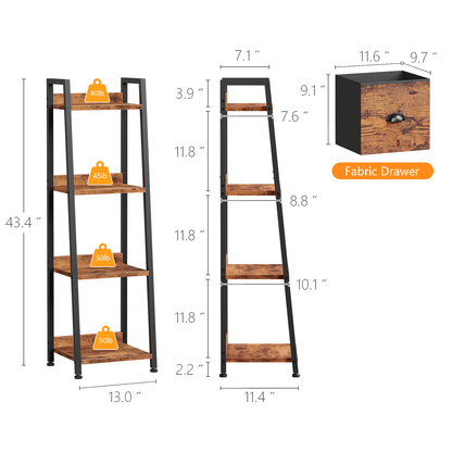 Furologee 4 Tier Narrow Ladder Shelf, Ladder Bookshelf with Drawer