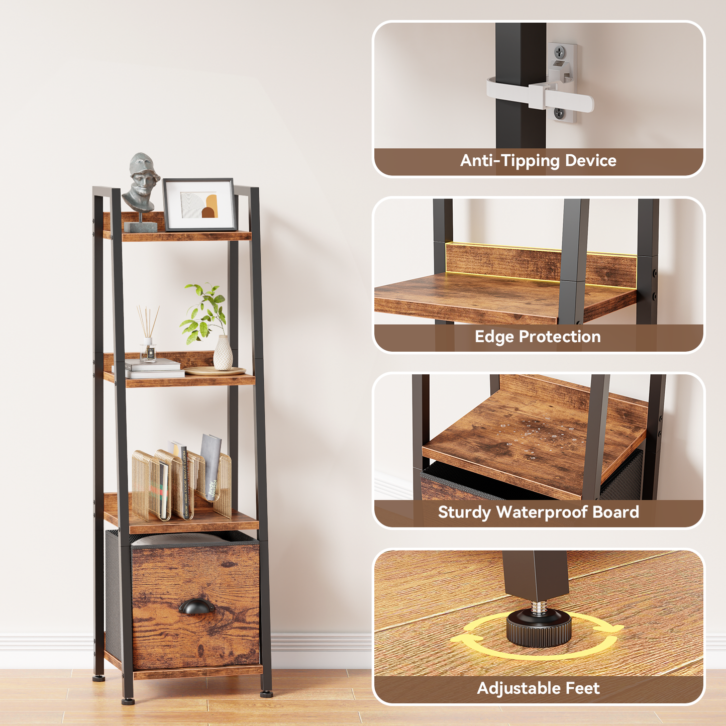 Furologee 4 Tier Narrow Ladder Shelf, Ladder Bookshelf with Drawer