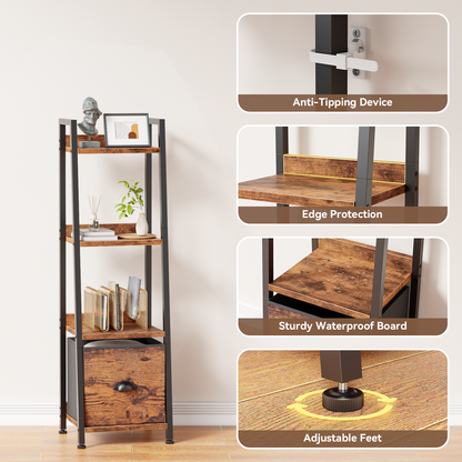 Furologee 4 Tier Narrow Ladder Shelf, Ladder Bookshelf with Drawer