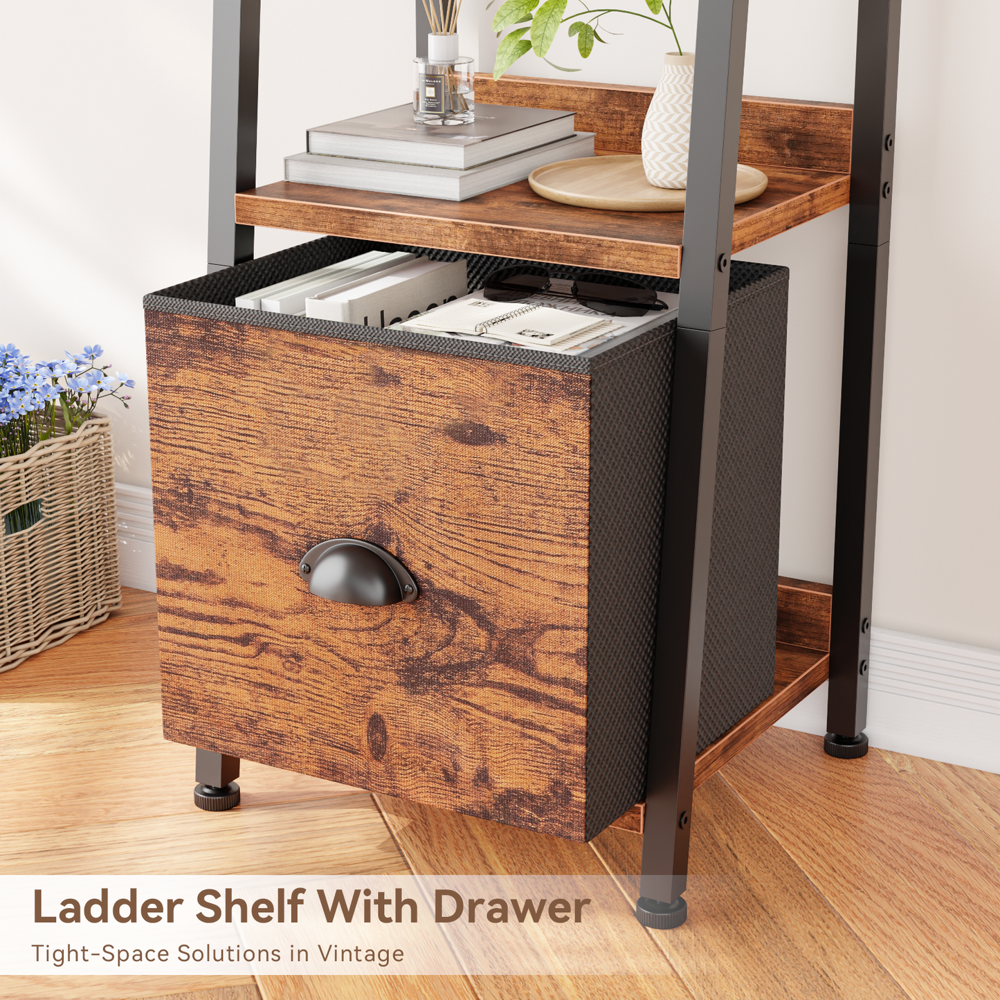 Furologee 4 Tier Narrow Ladder Shelf, Ladder Bookshelf with Drawer