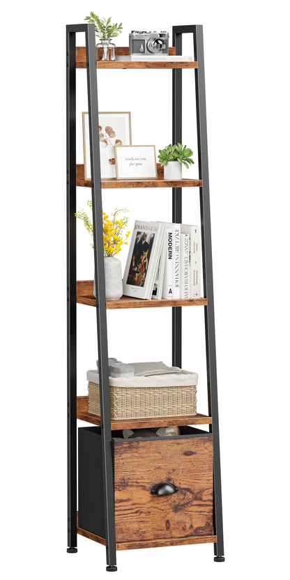 Furologee 5 Tier Narrow Ladder Shelf, Ladder Bookshelf with Drawer