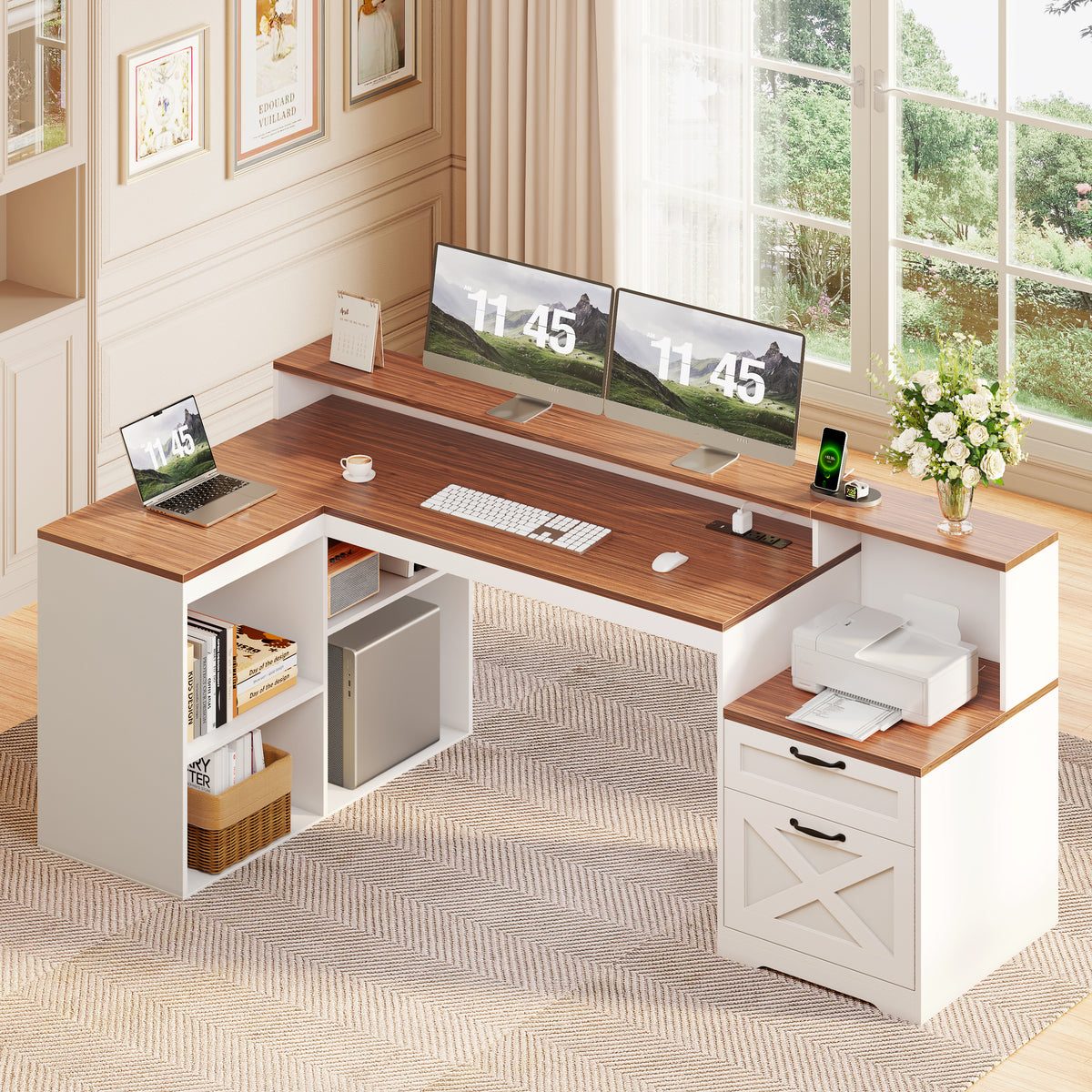 Furologee 59" Farmhouse L Shaped Desk with Printer Shelf, Storage Cabinet, Computer Desk with Power Outlets, Home Office Workstation with Wooden Drawers and Monitor Stand, Brown and White
