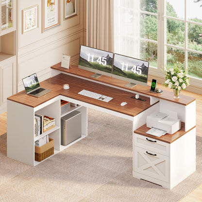 Furologee 59" Farmhouse L Shaped Desk with Printer Shelf, Storage Cabinet, Computer Desk with Power Outlets, Home Office Workstation with Wooden Drawers and Monitor Stand, Brown and White