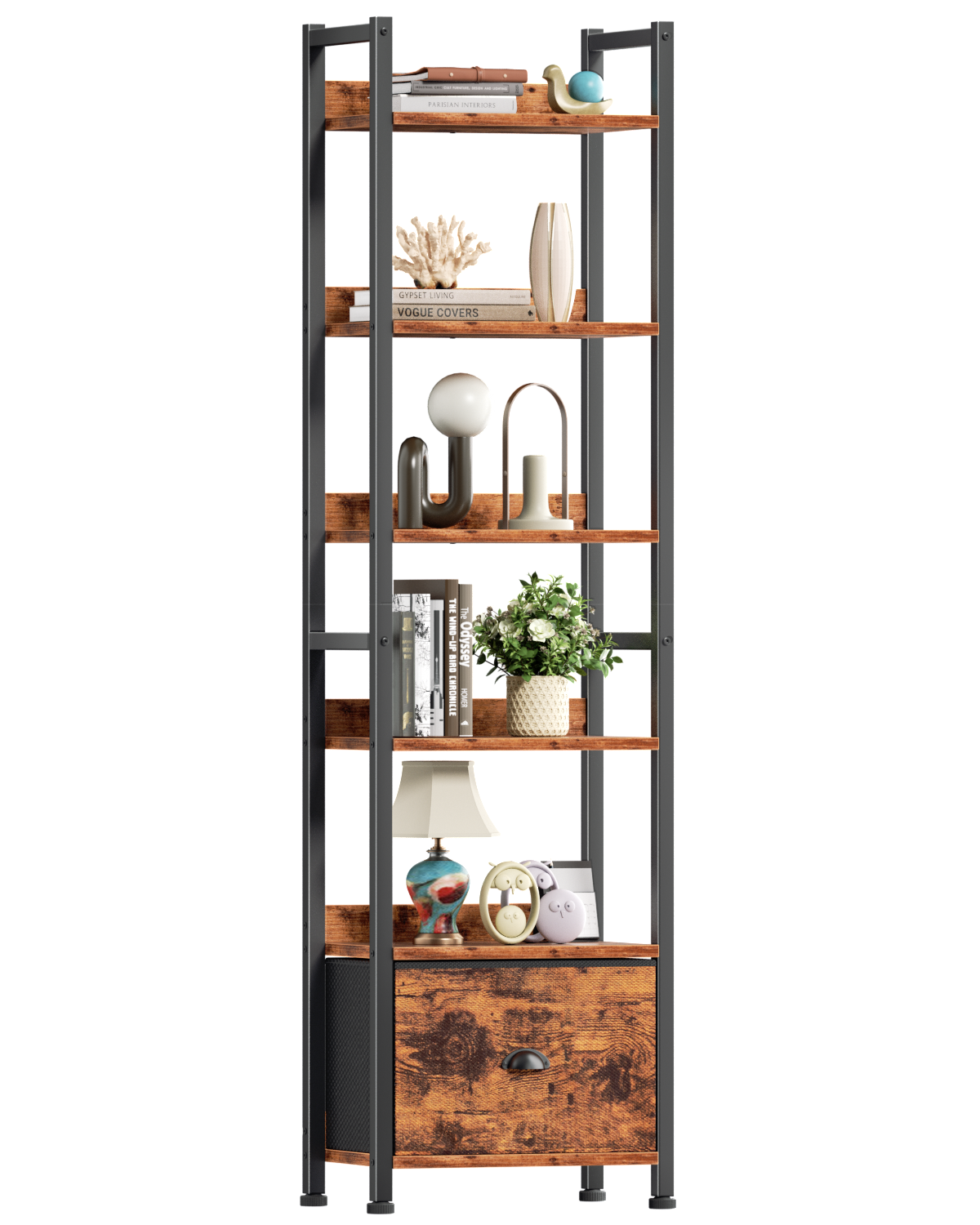 6 Tier Bookshelf, Tall Narrow Shelf with Drawer, Wood and Metal Bookshelves Storage Organizer, Industrial Display Shelving Unit for Bedroom, Living Room, Home Office
