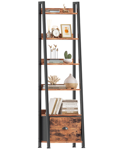 6 Tier Ladder Shelf,Ladder Bookshelf with Drawer,Modern Tall Bookcase,Storage Rack Organizer,Wood Metal Freestanding Shelves for Living Room, Home Office, Bedroom