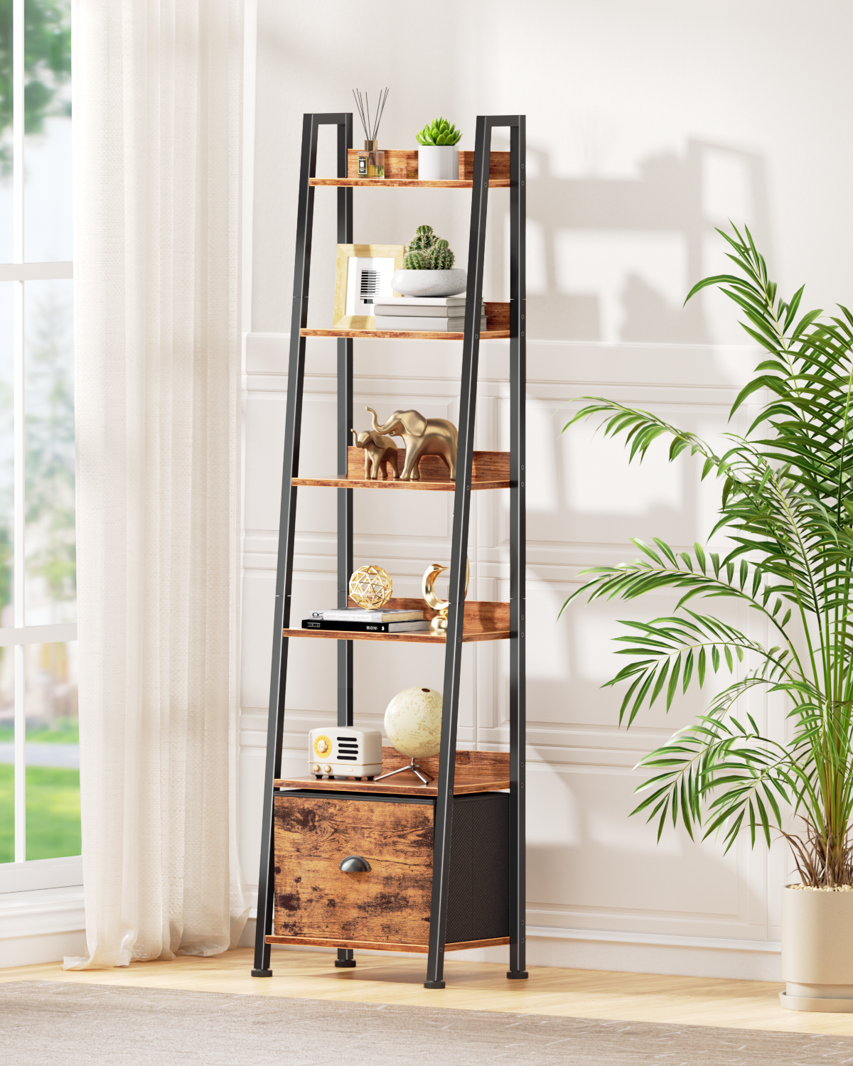 6 Tier Ladder Shelf,Ladder Bookshelf with Drawer,Modern Tall Bookcase,Storage Rack Organizer,Wood Metal Freestanding Shelves for Living Room, Home Office, Bedroom