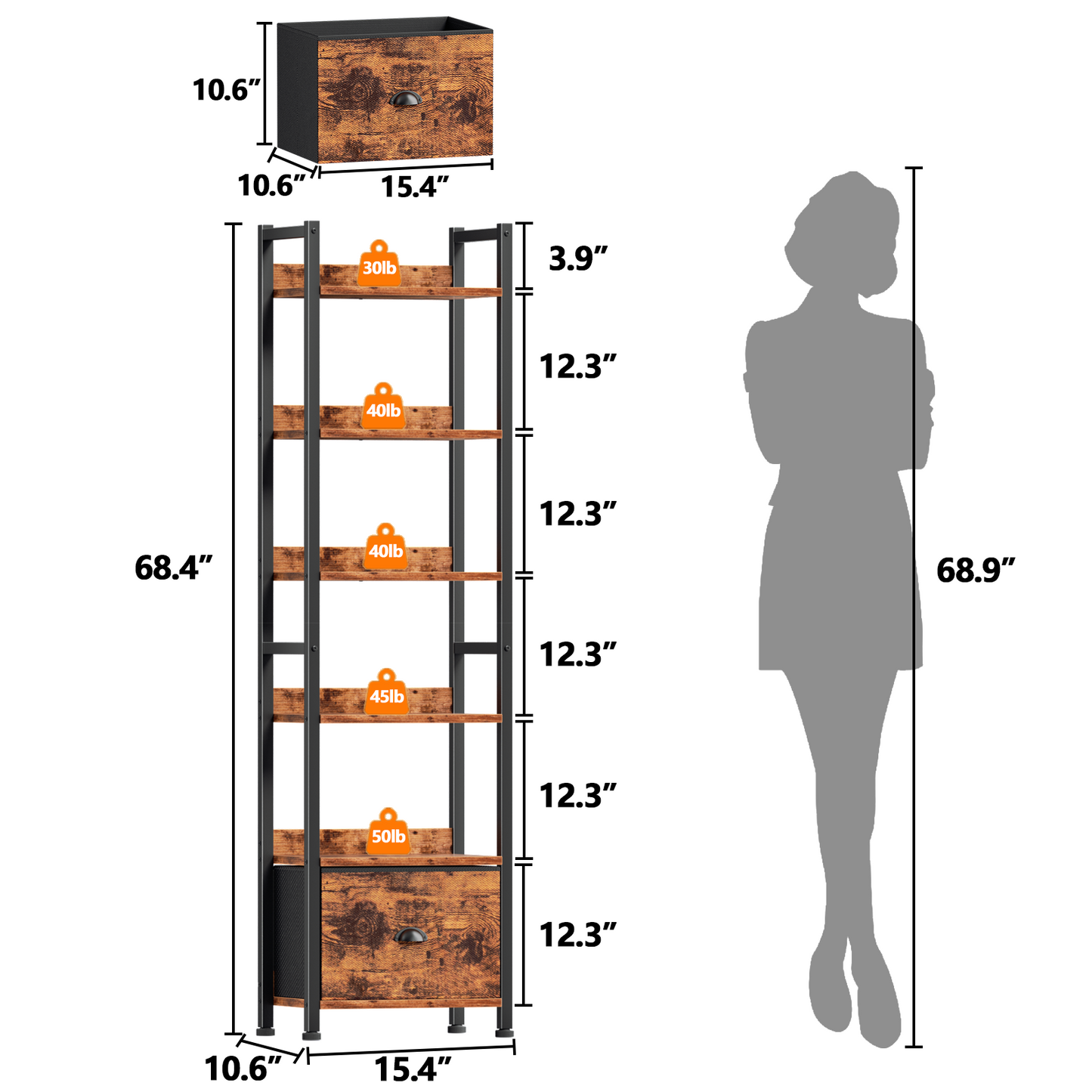 6 Tier Bookshelf, Tall Narrow Shelf with Drawer, Wood and Metal Bookshelves Storage Organizer, Industrial Display Shelving Unit for Bedroom, Living Room, Home Office