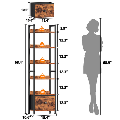 6 Tier Bookshelf, Tall Narrow Shelf with Drawer, Wood and Metal Bookshelves Storage Organizer, Industrial Display Shelving Unit for Bedroom, Living Room, Home Office