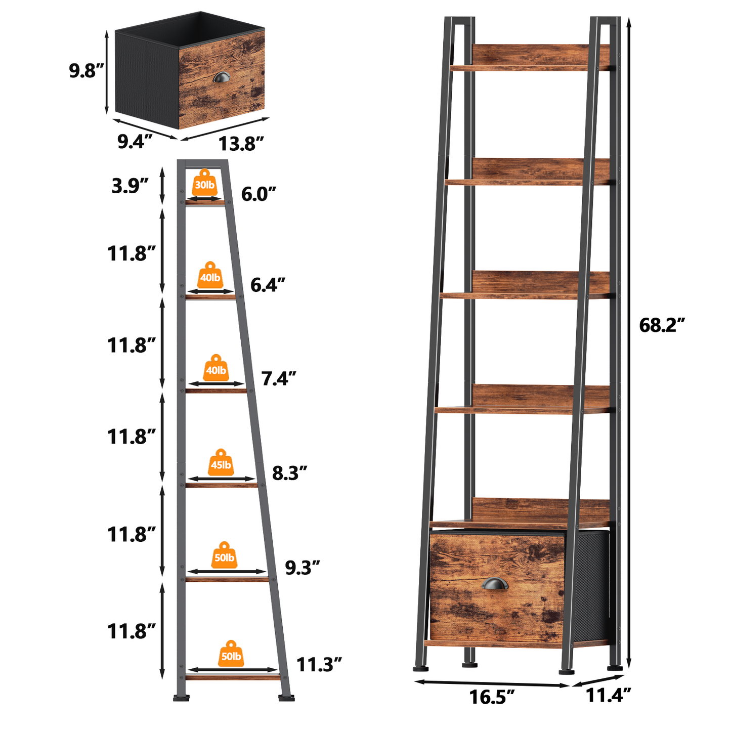 6 Tier Ladder Shelf,Ladder Bookshelf with Drawer,Modern Tall Bookcase,Storage Rack Organizer,Wood Metal Freestanding Shelves for Living Room, Home Office, Bedroom