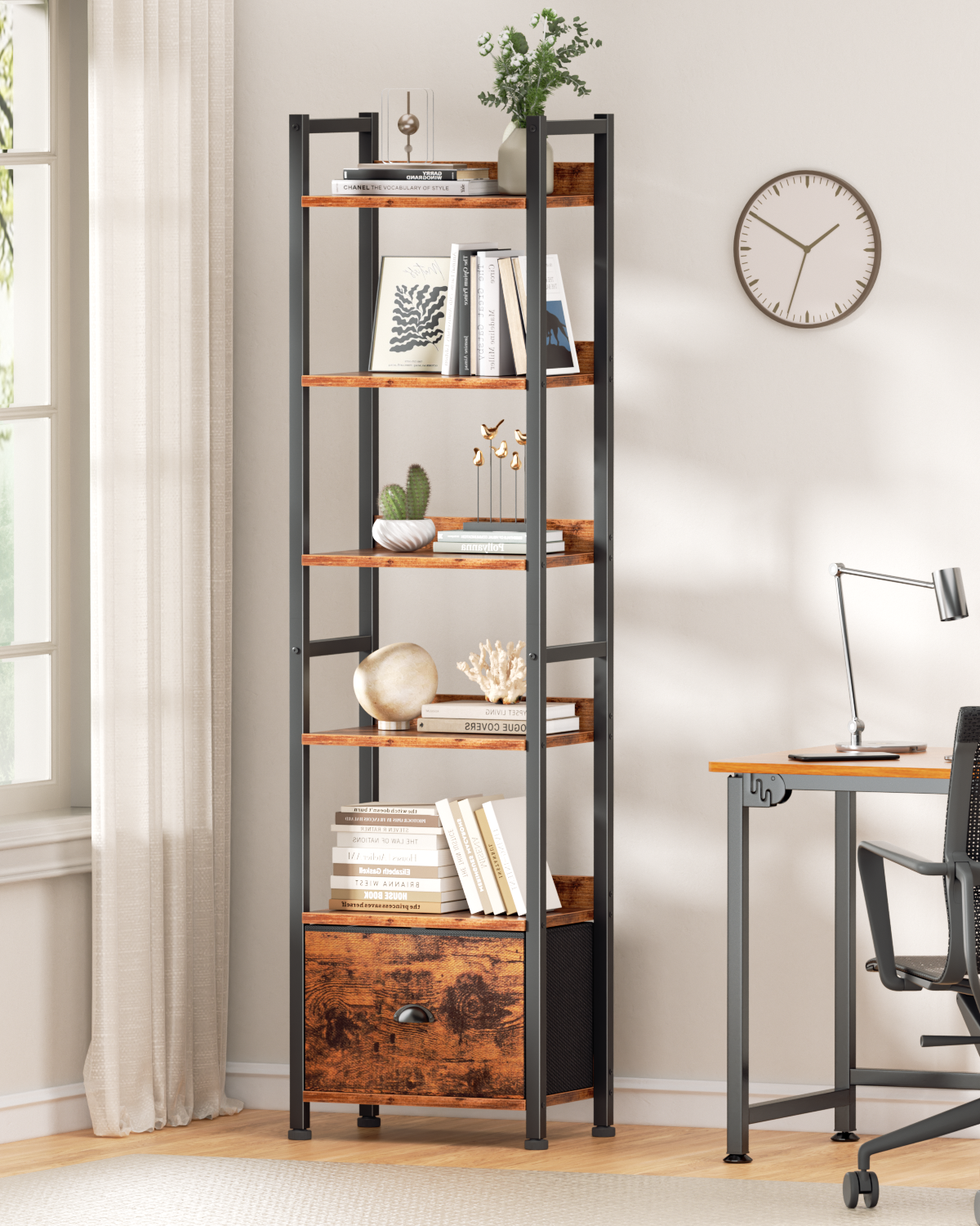 6 Tier Bookshelf, Tall Narrow Shelf with Drawer, Wood and Metal Bookshelves Storage Organizer, Industrial Display Shelving Unit for Bedroom, Living Room, Home Office