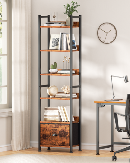 6 Tier Bookshelf, Tall Narrow Shelf with Drawer, Wood and Metal Bookshelves Storage Organizer, Industrial Display Shelving Unit for Bedroom, Living Room, Home Office