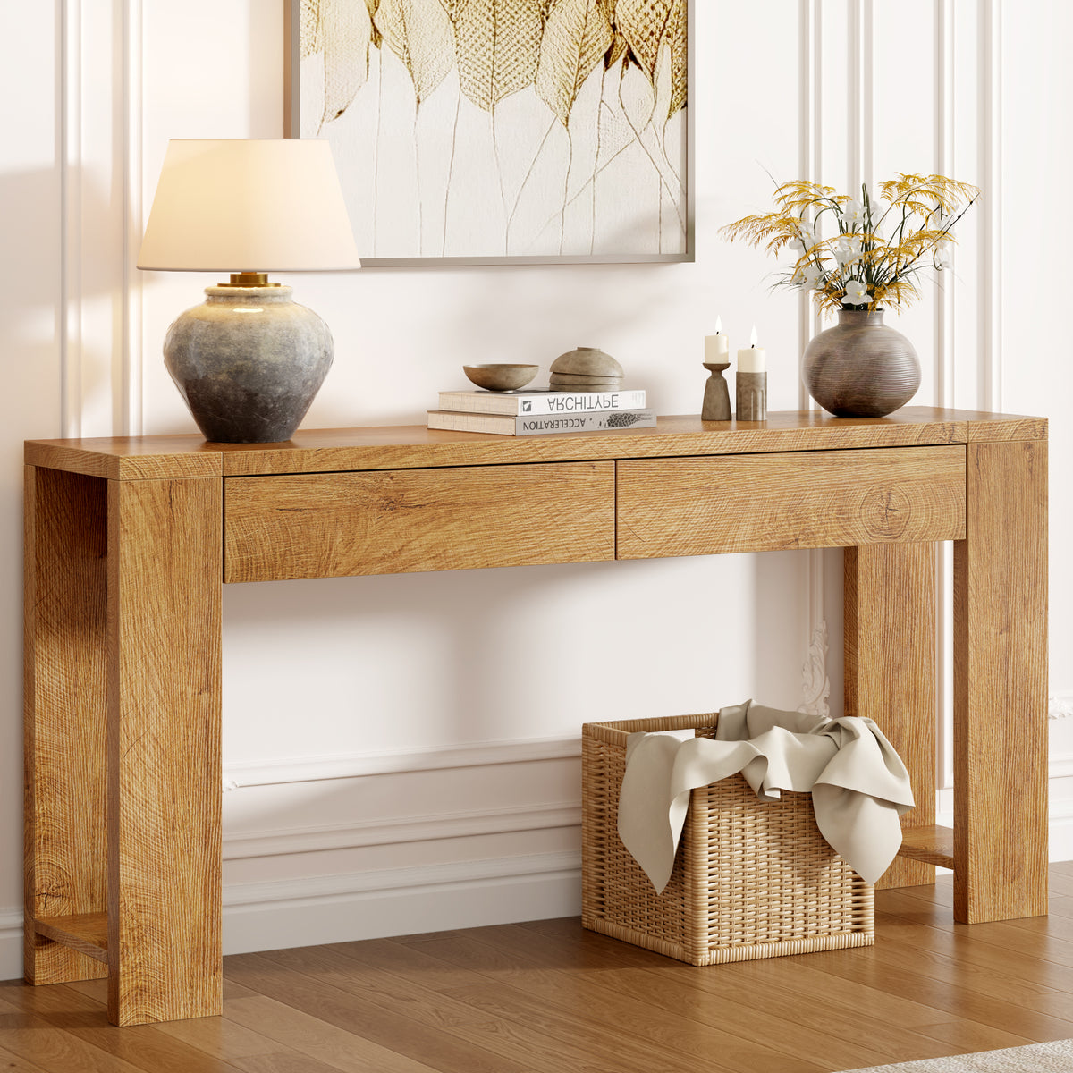 Furologee 60" Entryway Table, Farmhouse Console Table with Wooden 2 Drawer
Long Entry Table with Thick Tabletop, Sofa Table for Behind Couch, for Hallway/Entrance/Foyer/Living Room/Bedroom(Natural)