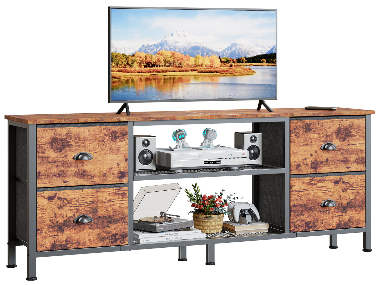 Furologee TV Stand Dresser with 4 Drawers, 55 Inch Entertainment Center for 55 60 Inch TVs, Media Console Table with Open Shelves, Television Stand for Bedroom, Living Room,Rustic Brown