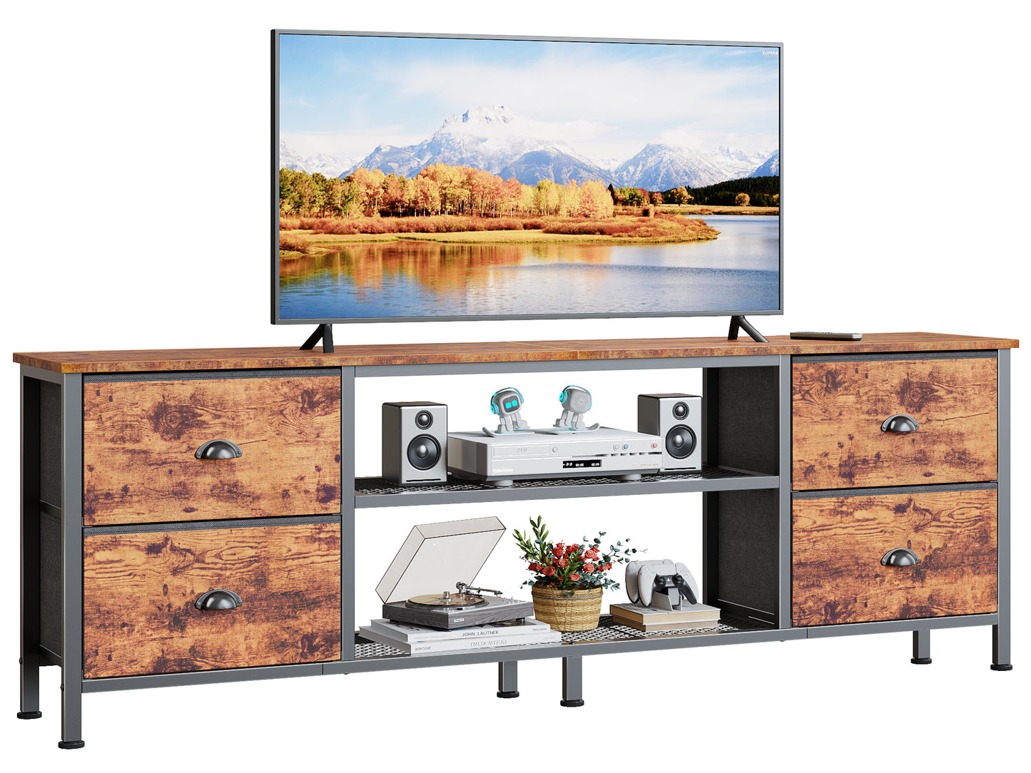 Furologee TV Stand Dresser with 4 Drawers, 63 Inch Entertainment Center with Open Shelves, Media Console Table for 65,70 Inch TV, Television Stand for Bedroom, Living Room,Rustic Brown