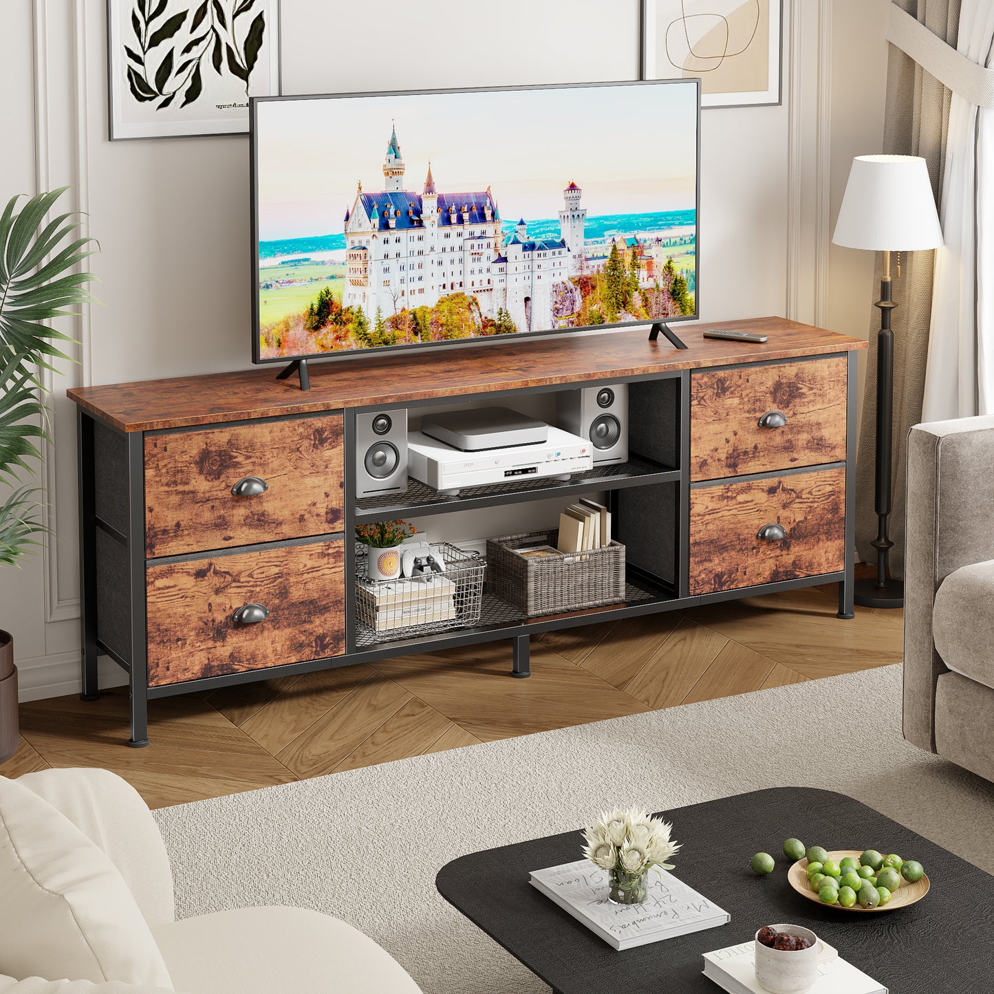Furologee TV Stand Dresser with 4 Drawers, 63 Inch Entertainment Center with Open Shelves, Media Console Table for 65,70 Inch TV, Television Stand for Bedroom, Living Room,Rustic Brown