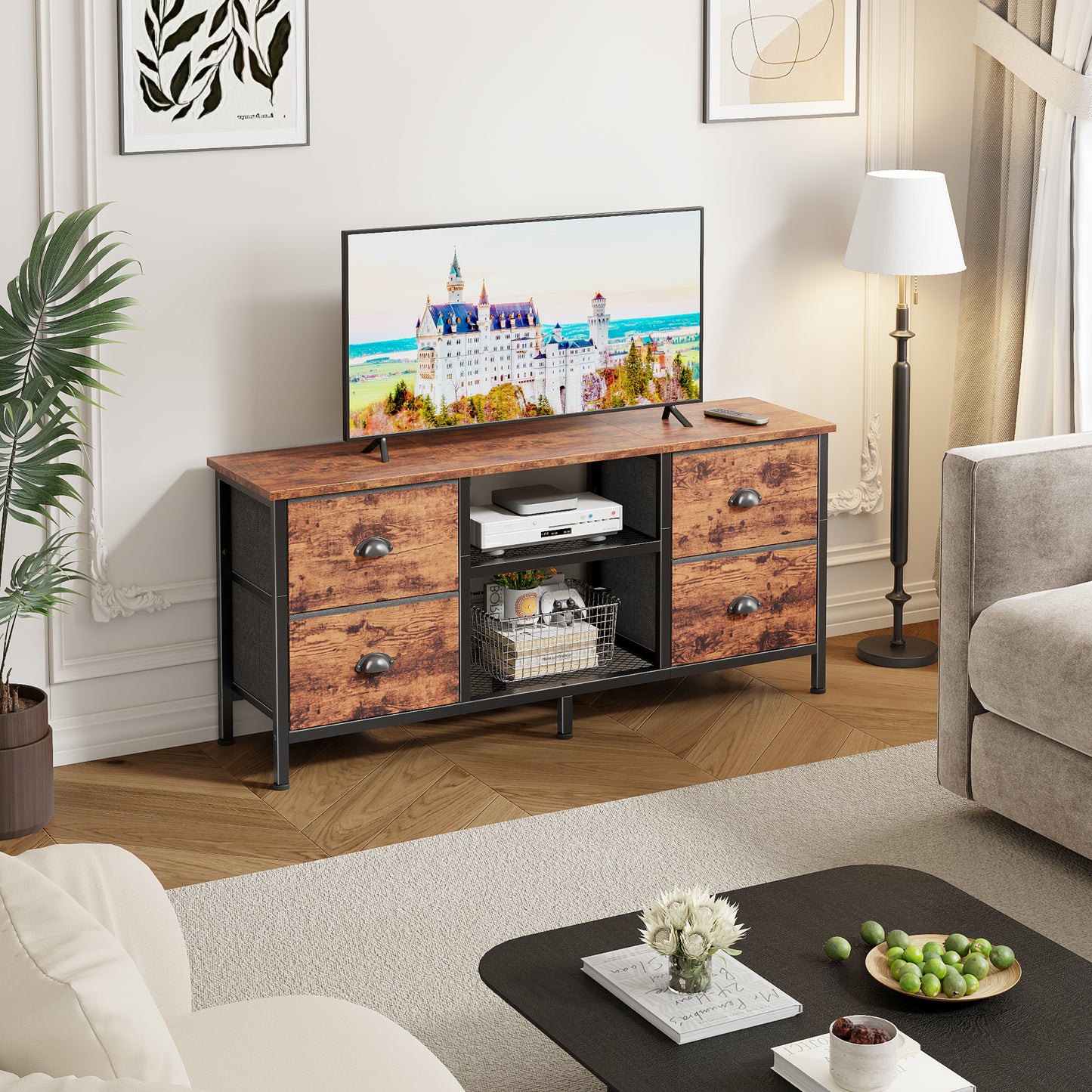 Furologee TV Stand with 4 Drawers, 43 Inch Entertainment Center with Open Shelves