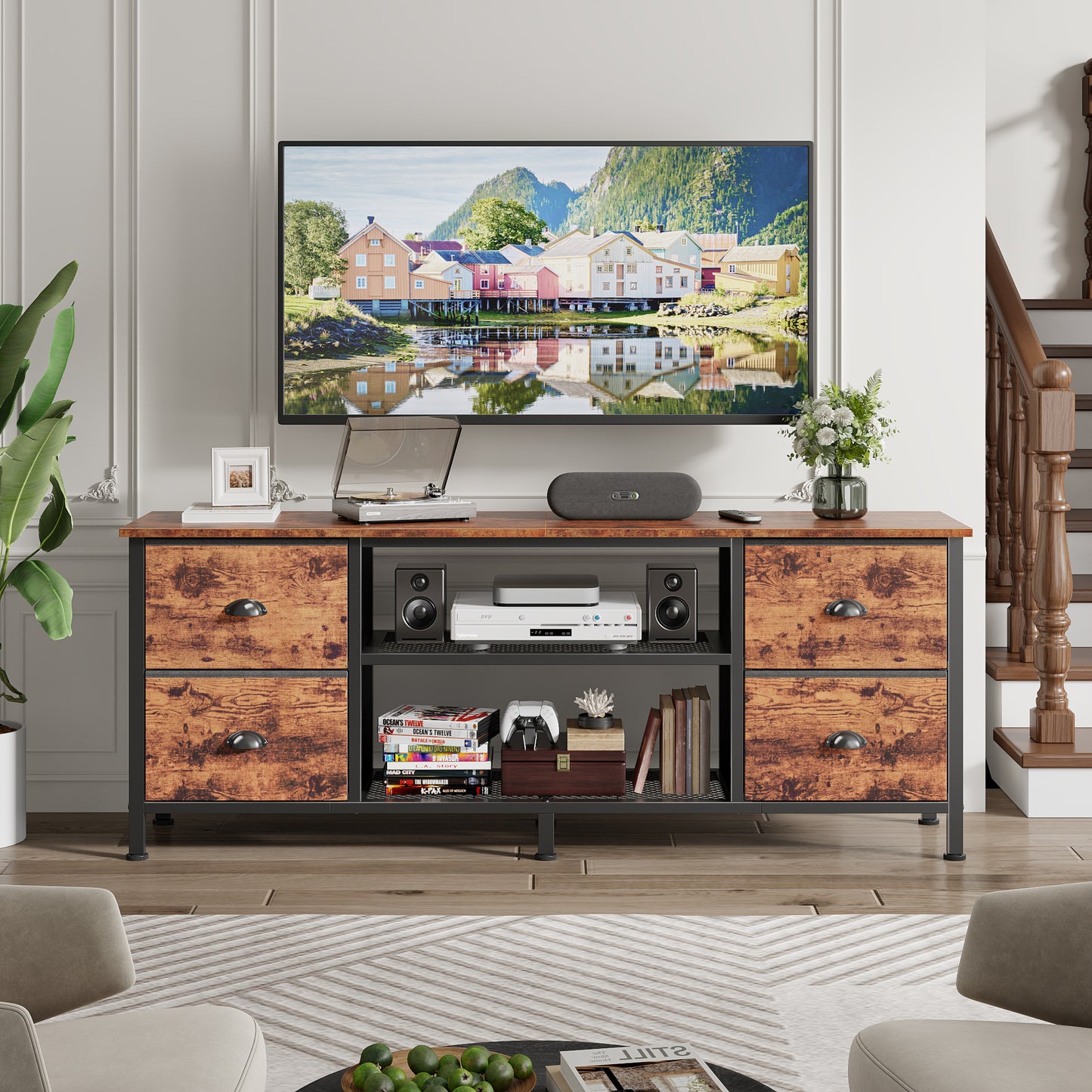 Furologee TV Stand Dresser with 4 Drawers, 55 Inch Entertainment Center for 55 60 Inch TVs, Media Console Table with Open Shelves, Television Stand for Bedroom, Living Room,Rustic Brown