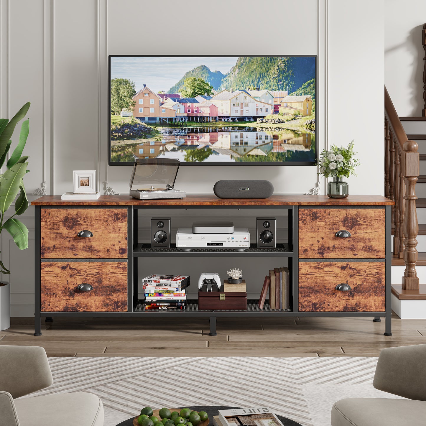 Furologee TV Stand Dresser with 4 Drawers, 63 Inch Entertainment Center with Open Shelves, Media Console Table for 65,70 Inch TV, Television Stand for Bedroom, Living Room,Rustic Brown