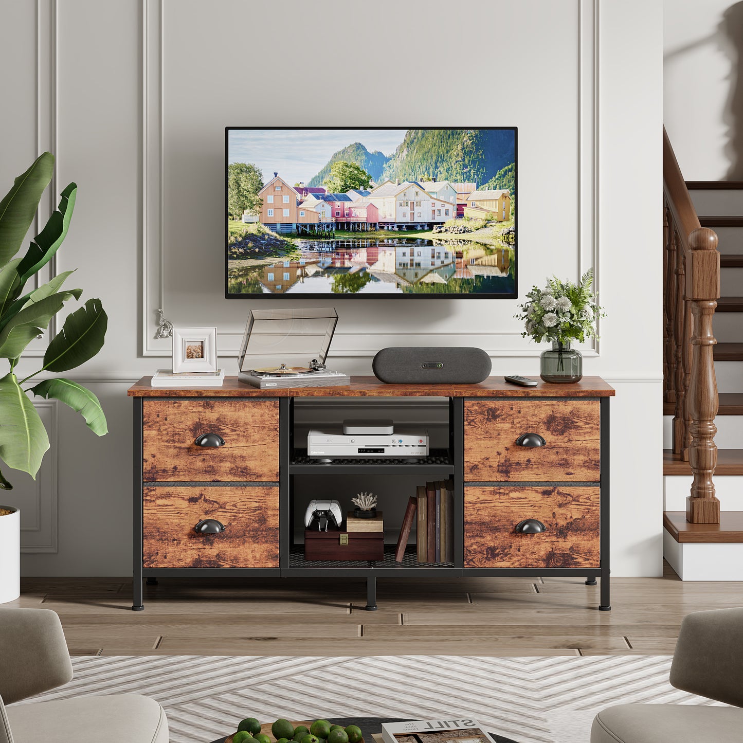 Furologee TV Stand with 4 Drawers, 43 Inch Entertainment Center with Open Shelves