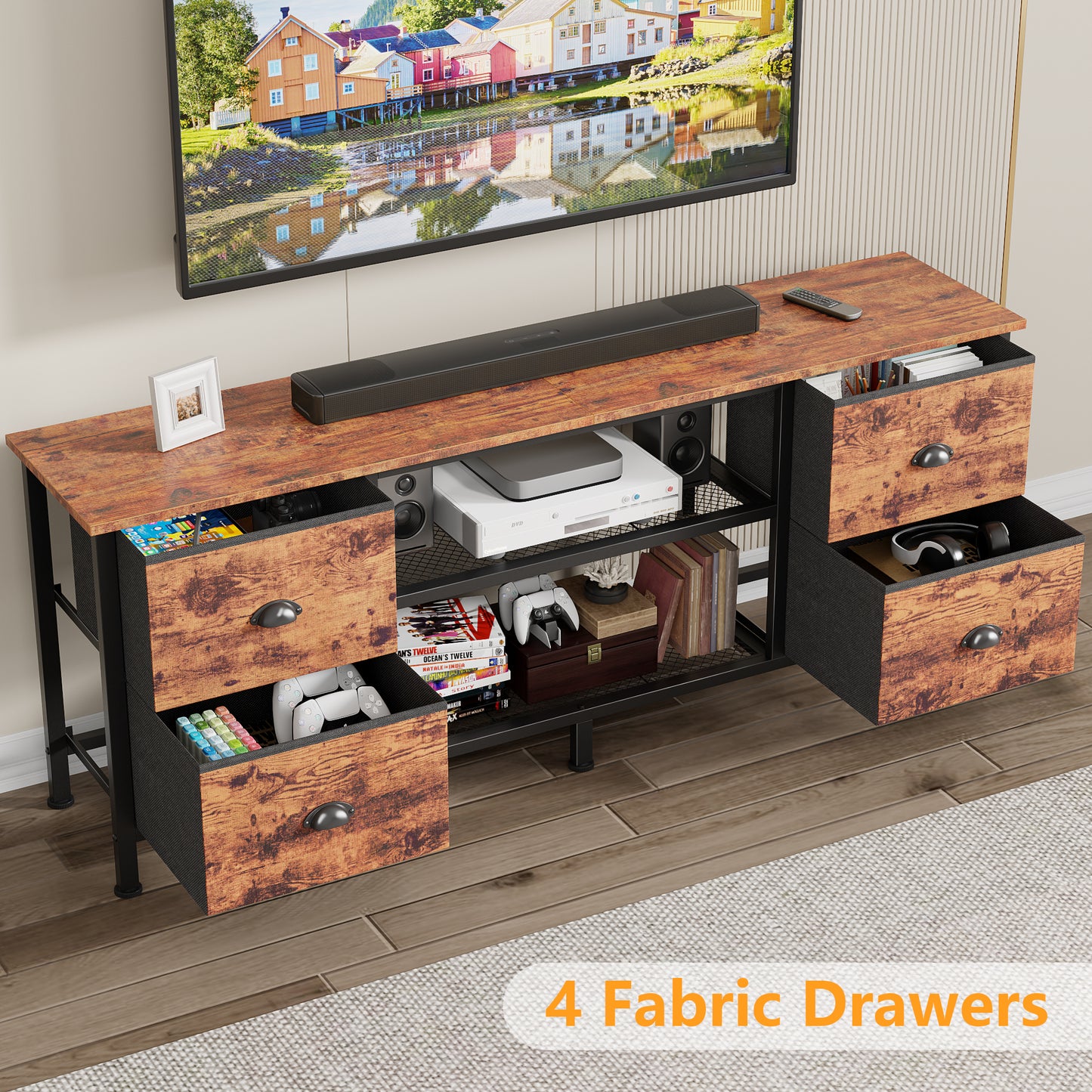 Furologee TV Stand Dresser with 4 Drawers, 55 Inch Entertainment Center for 55 60 Inch TVs, Media Console Table with Open Shelves, Television Stand for Bedroom, Living Room,Rustic Brown