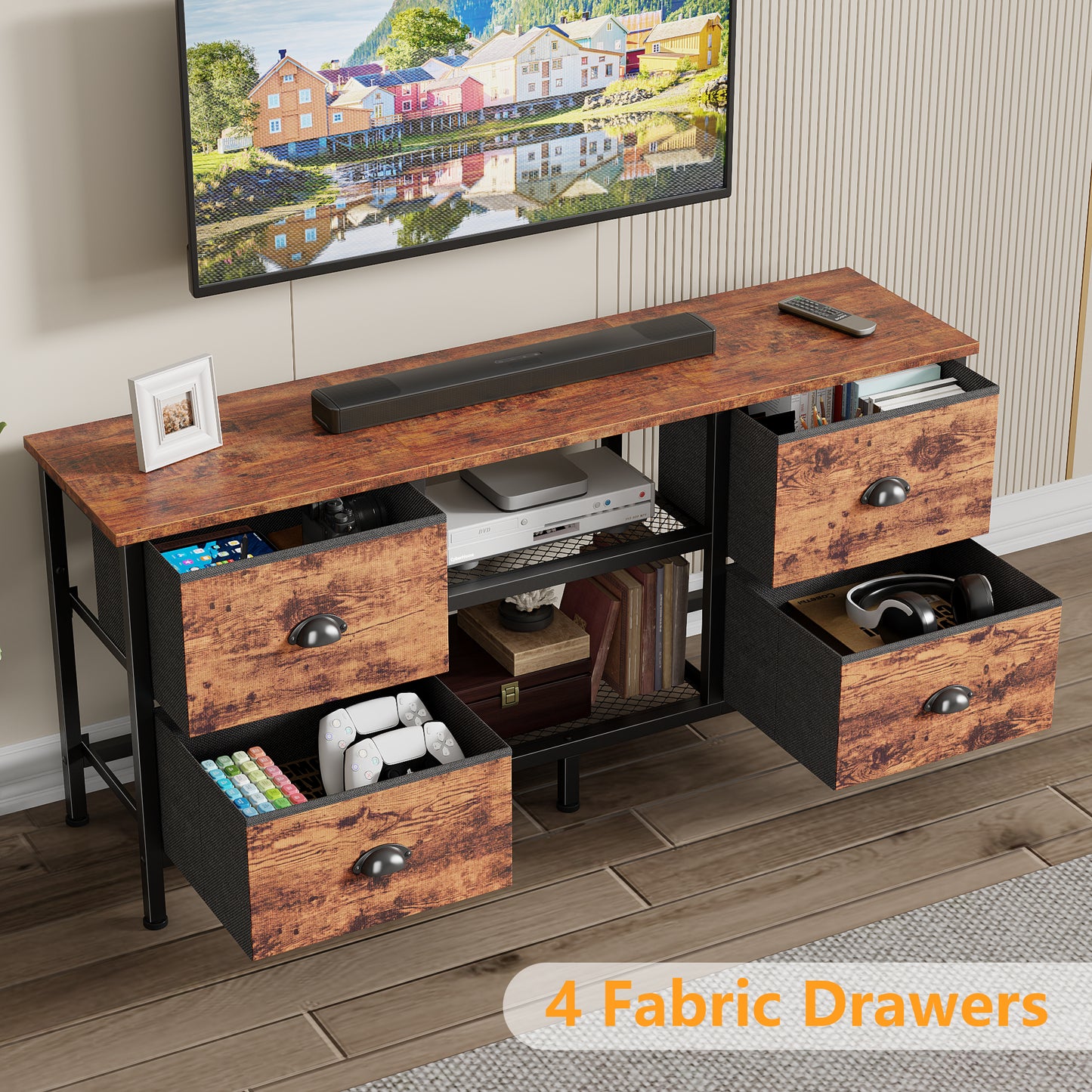 Furologee TV Stand with 4 Drawers, 43 Inch Entertainment Center with Open Shelves
