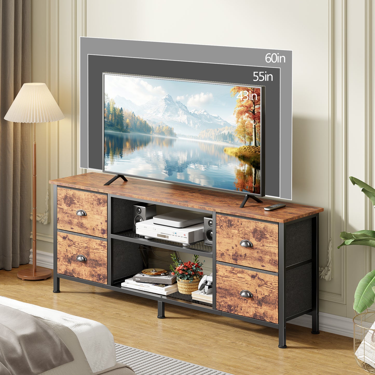 Furologee TV Stand Dresser with 4 Drawers, 55 Inch Entertainment Center for 55 60 Inch TVs, Media Console Table with Open Shelves, Television Stand for Bedroom, Living Room,Rustic Brown