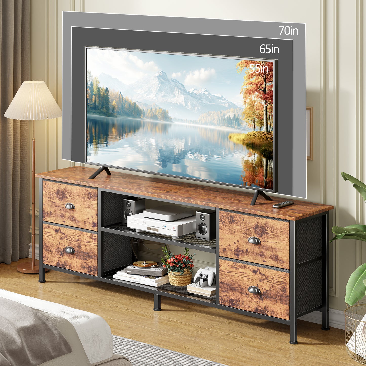 Furologee TV Stand Dresser with 4 Drawers, 63 Inch Entertainment Center with Open Shelves, Media Console Table for 65,70 Inch TV, Television Stand for Bedroom, Living Room,Rustic Brown