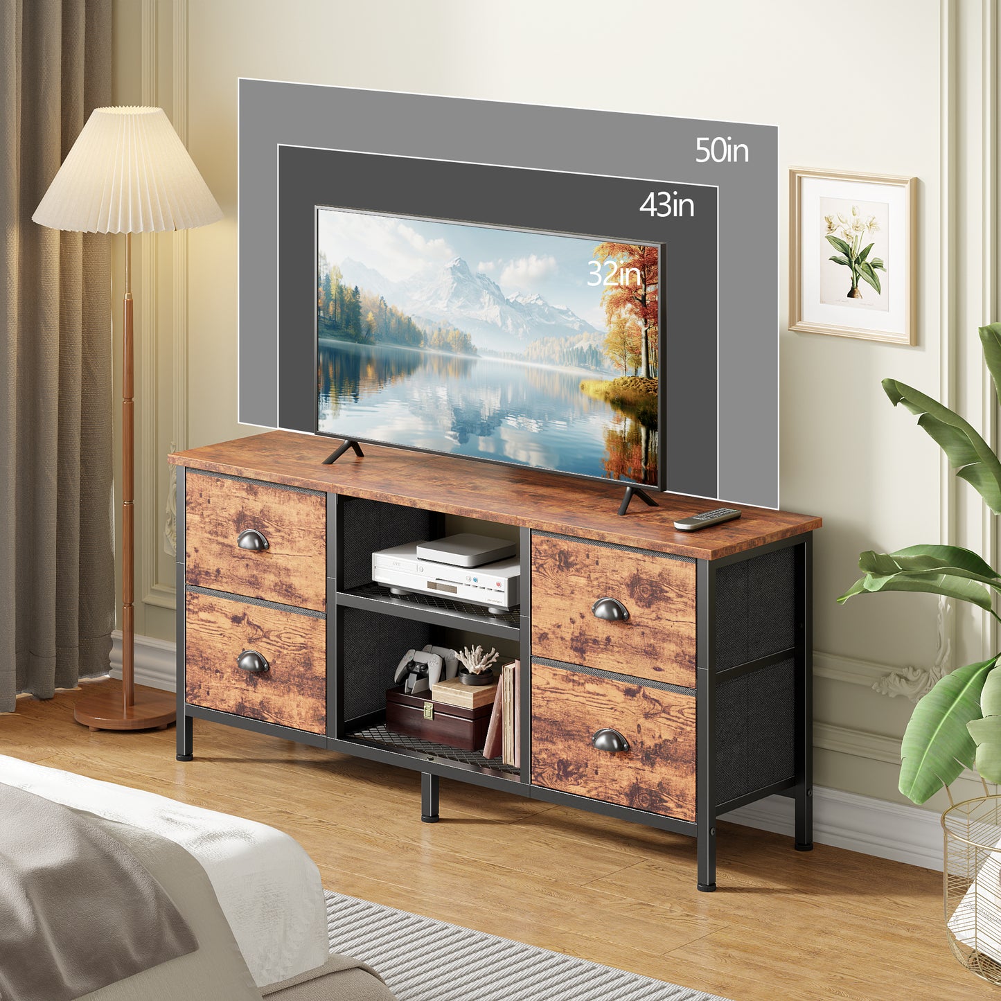 Furologee TV Stand with 4 Drawers, 43 Inch Entertainment Center with Open Shelves