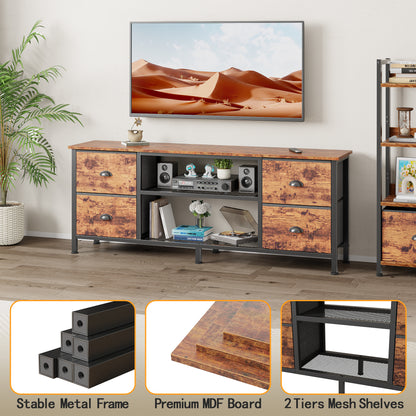 Furologee TV Stand Dresser with 4 Drawers, 55 Inch Entertainment Center for 55 60 Inch TVs, Media Console Table with Open Shelves, Television Stand for Bedroom, Living Room,Rustic Brown