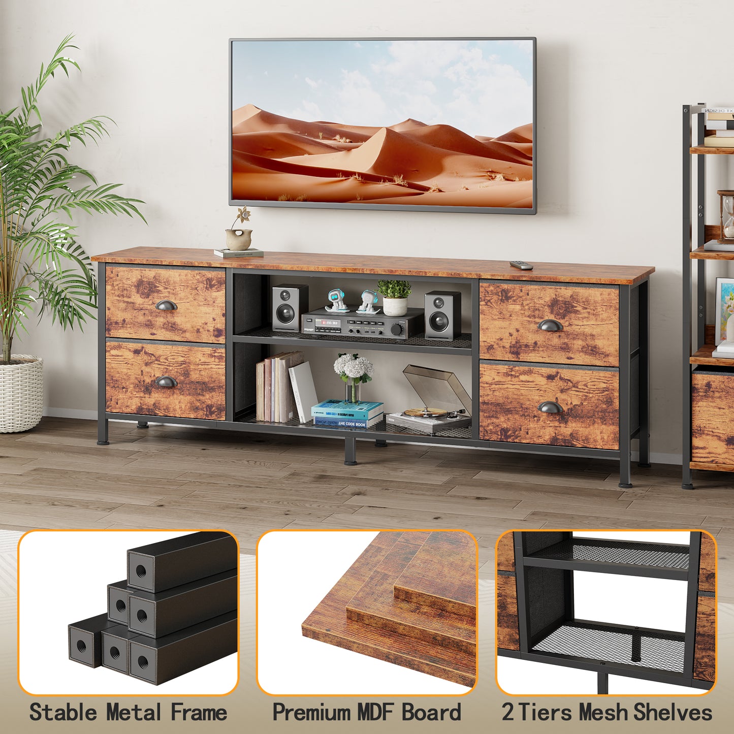 Furologee TV Stand Dresser with 4 Drawers, 63 Inch Entertainment Center with Open Shelves, Media Console Table for 65,70 Inch TV, Television Stand for Bedroom, Living Room,Rustic Brown