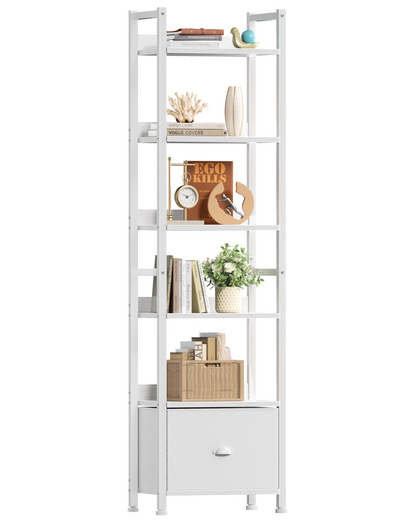 6 Tier Bookshelf, Tall Narrow Shelf with Drawer, Wood and Metal Bookshelves Storage Organizer, Industrial Display Shelving Unit for Bedroom, Living Room, Home Office