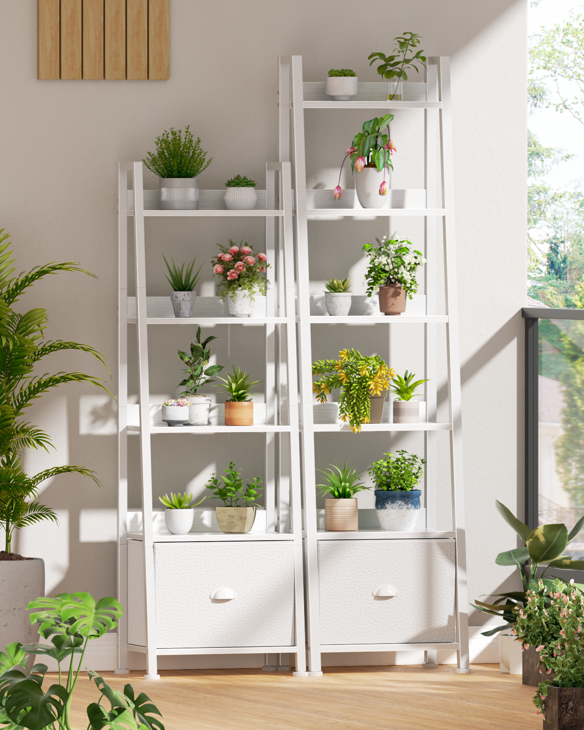 6 Tier Ladder Shelf,Ladder Bookshelf with Drawer,Modern Tall Bookcase,Storage Rack Organizer,Wood Metal Freestanding Shelves for Living Room, Home Office, Bedroom