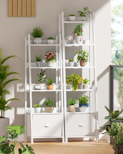 6 Tier Ladder Shelf,Ladder Bookshelf with Drawer,Modern Tall Bookcase,Storage Rack Organizer,Wood Metal Freestanding Shelves for Living Room, Home Office, Bedroom