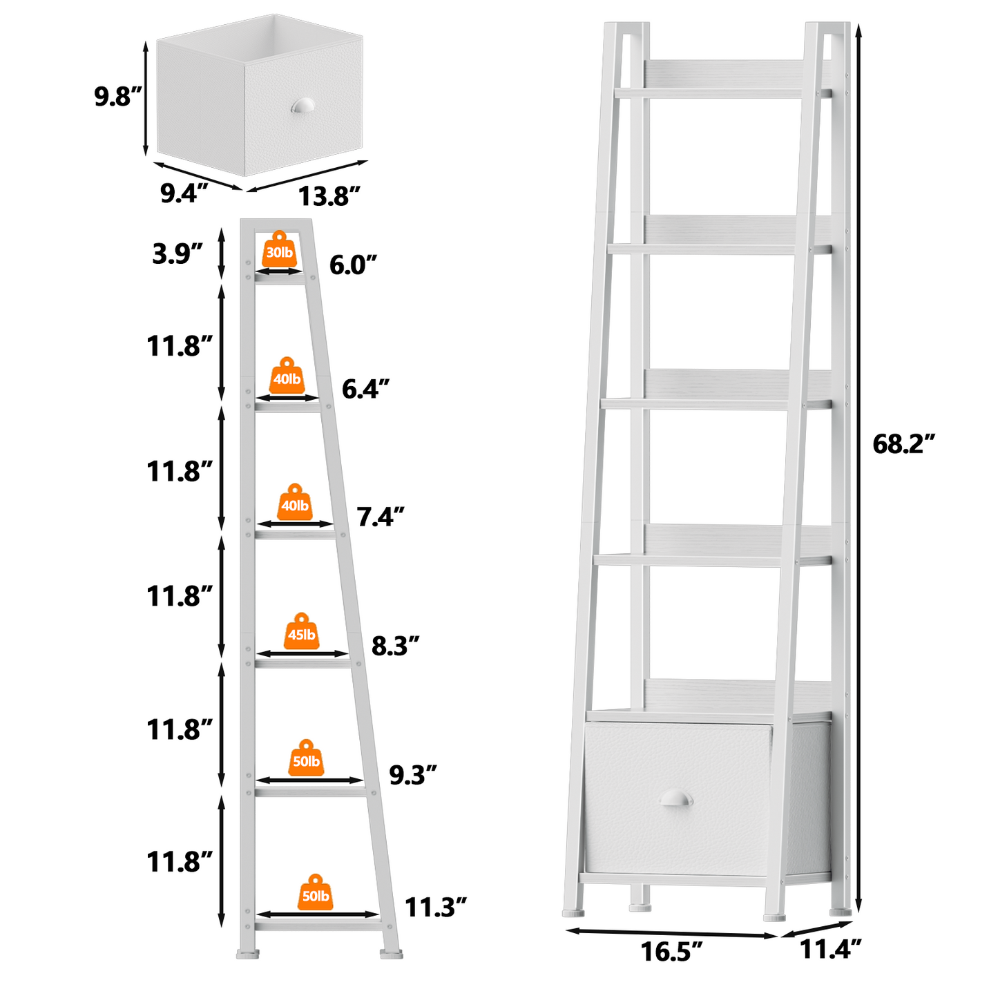 6 Tier Ladder Shelf,Ladder Bookshelf with Drawer,Modern Tall Bookcase,Storage Rack Organizer,Wood Metal Freestanding Shelves for Living Room, Home Office, Bedroom