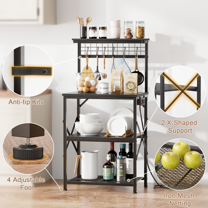 Furologee 4-Tier Kitchen Bakers Rack with Power Outlet, Microwave Stand & Coffee Bar with Hooks and Storage Shelves, Black