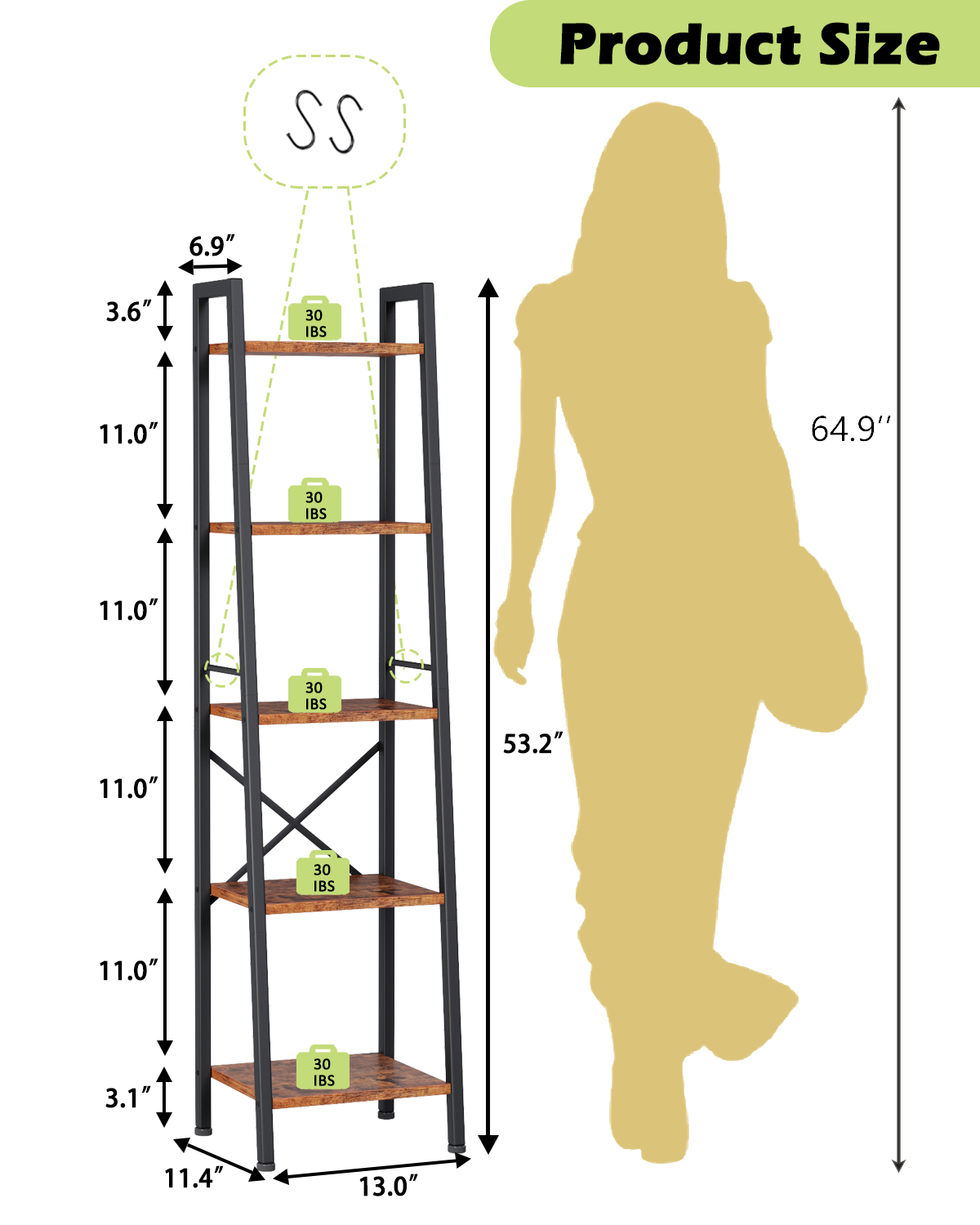 Furologee Ladder Bookshelf, Tall Narrow Metal & Wood Bookcase with Hooks, Rustic Brown Leaning Shelf for Living Room, Bedroom, Bathroom, Kitchen