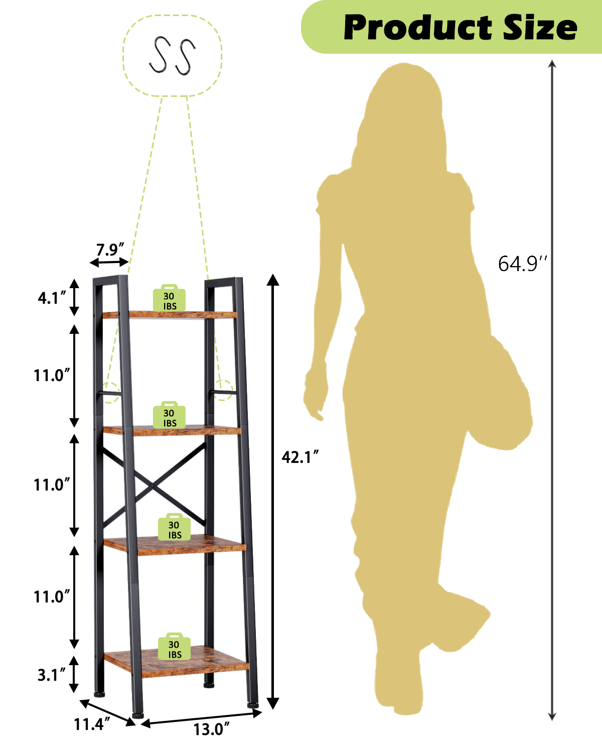 Furologee Ladder Bookshelf, Tall Narrow Metal & Wood Bookcase with Hooks, Rustic Brown Leaning Shelf for Living Room, Bedroom, Bathroom, Kitchen