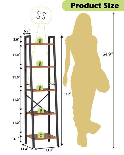 Furologee 6 Tier Ladder Shelf Bookcase, Tall Ladder Bookshelf Narrow with 2 Hooks