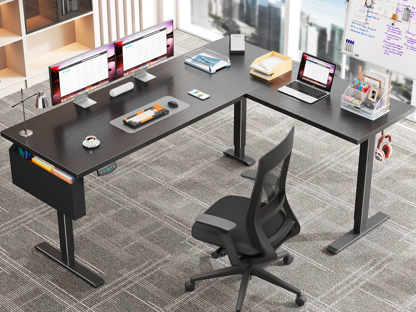 Furologee 63 Inch L Shaped Electric Standing Desk, Height Adjustable Sit to Stand Gaming Desk with Memory Presets, Reversible Computer Table for Home Office Dorm, Work, Study, Black
