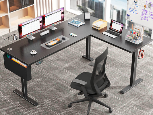 Furologee 63 Inch L Shaped Electric Standing Desk, Height Adjustable Sit to Stand Gaming Desk with Memory Presets, Reversible Computer Table for Home Office Dorm, Work, Study, Black