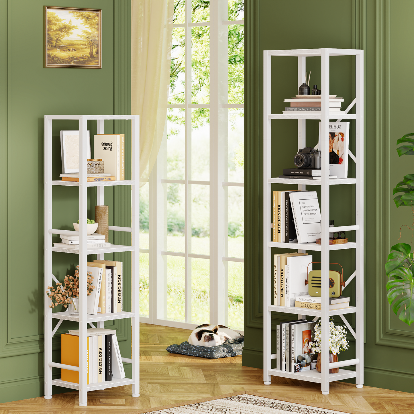 Furologee 5-Tier White Bookshelf – Tall Narrow Freestanding Shelf for Bedroom, Living Room, Office, Bathroom