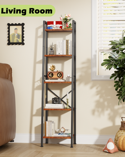 Furologee Ladder Bookshelf, Tall Narrow Metal & Wood Bookcase with Hooks, Rustic Brown Leaning Shelf for Living Room, Bedroom, Bathroom, Kitchen