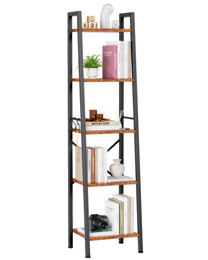 Furologee Ladder Bookshelf, Tall Narrow Metal & Wood Bookcase with Hooks, Rustic Brown Leaning Shelf for Living Room, Bedroom, Bathroom, Kitchen