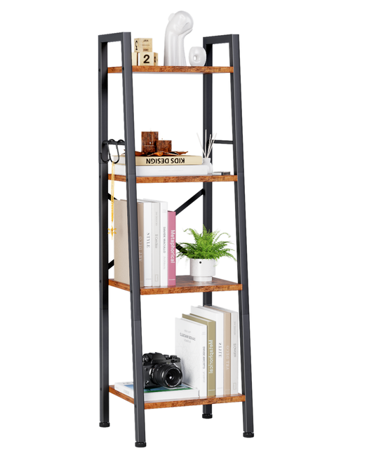 Furologee Ladder Bookshelf, Tall Narrow Metal & Wood Bookcase with Hooks, Rustic Brown Leaning Shelf for Living Room, Bedroom, Bathroom, Kitchen