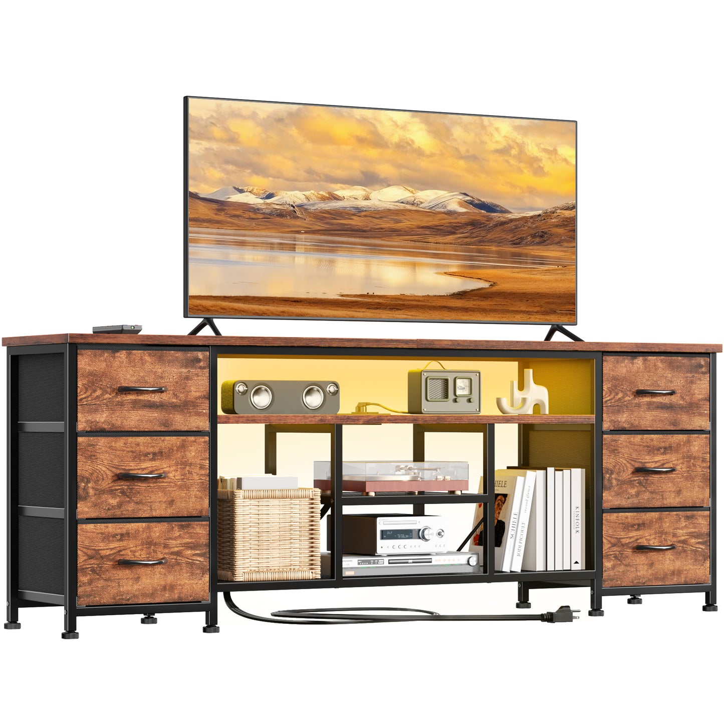 Furologee LED TV Stand for 65, 70 Inch TV, 63 Inch Entertainment Center with Power Outlets, 6 Fabric Drawers Dresser for Bedroom, Media Console with Open Shelves, PU Leather Surface, Rustic Brown