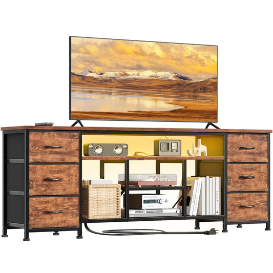 Furologee LED TV Stand for 65, 70 Inch TV, 63 Inch Entertainment Center with Power Outlets, 6 Fabric Drawers Dresser for Bedroom, Media Console with Open Shelves, PU Leather Surface, Rustic Brown