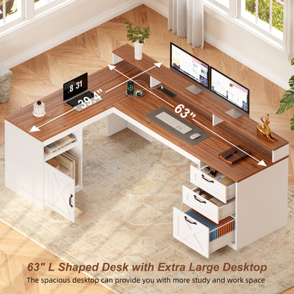 Furologee 63" Farmhouse L Shaped Desk with 3 Wooden Drawers, Printer Shelf, Corner Home Office Desk with Storage Cabinet, Monitor Stand, Power Outlets, Computer Table with Open Shelf, Brown and White