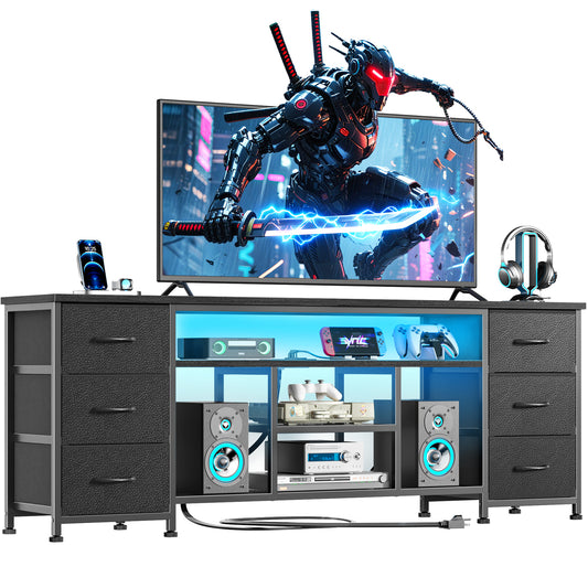 Furologee LED TV Stand for 55, 60 Inch TV, 55 Inch Entertainment Center with Power Outlets Black